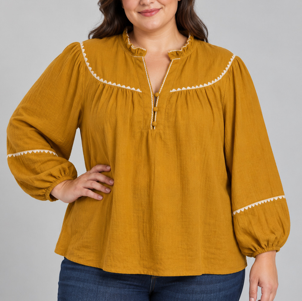 Oddi 3XL Mustard Yellow Cotton Embroidered Peasant Blouse Balloon Sleeve Boho